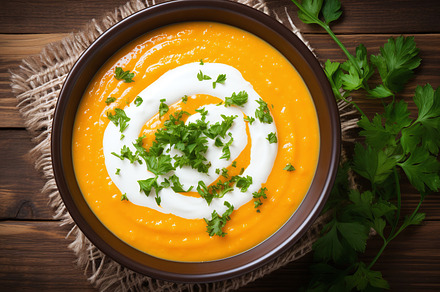 bowl of carrot squash soup, a Food & Drink Photo by Munco Art & Design