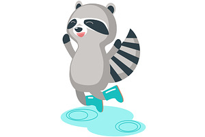 Vector raccoon jumping in puddle, an Animal Illustration by SiberianArt