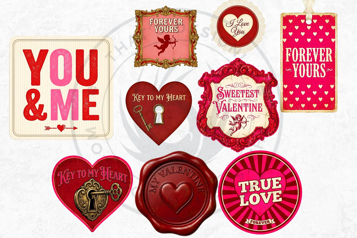 Vintage Valentines Day Labels PNG, a Seasonal Illustration by ThatsDesignArt (Photo 9 of 9)