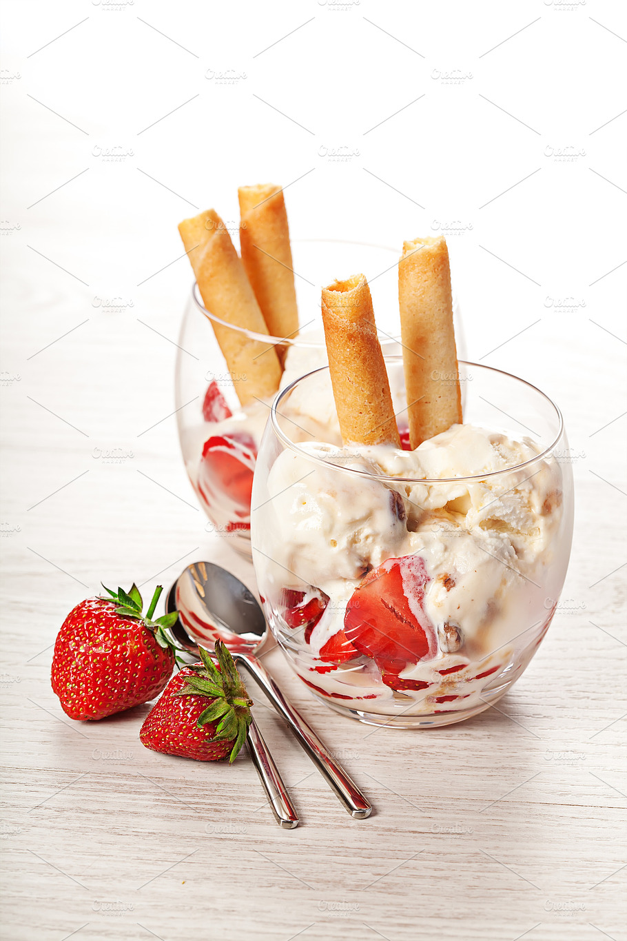 Vanilla Ice Cream With Strawberries In Glass Stock Photo Containing Closeup