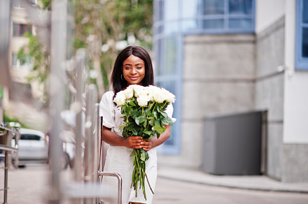 Beautiful african american girl hold featuring women, bouquet, and roses, a Beauty & Fashion Photo by AS photostudio