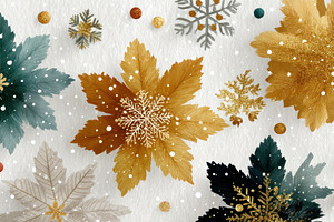 Colorful festive leaves and snowflakes in gold, teal, and red on, a Holiday Photo by José Manuel Gelpi