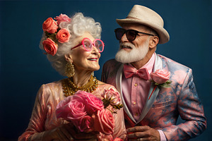 Stylish elderly couple with roses in elegant outfits, blue background., a Person Photo by ImageMir