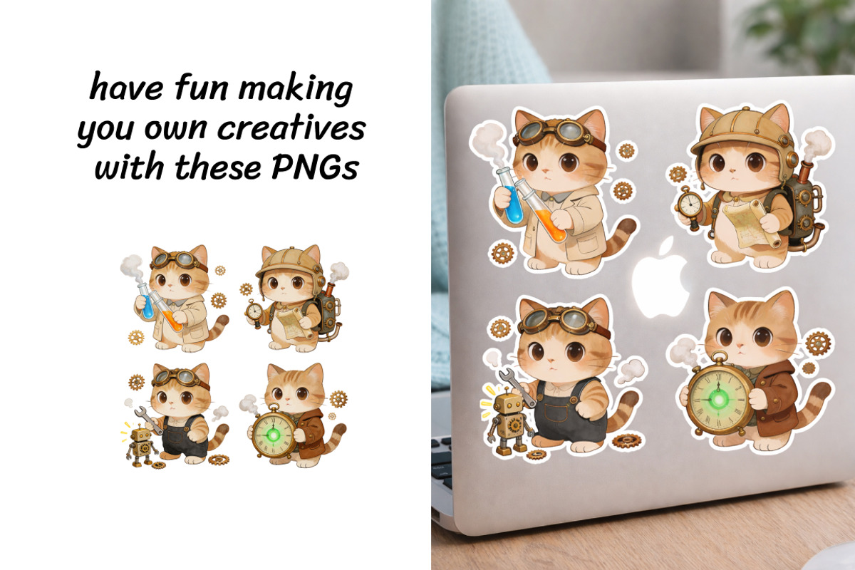 Steampunk Cat Clipart Set - 21 PNG, an Animal Illustration by InkyQueenArt (Photo 2 of 7)