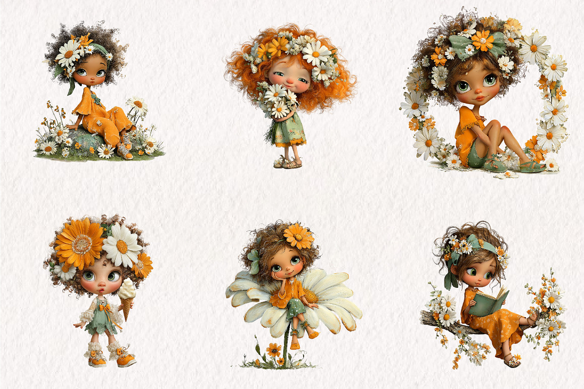 Whimsical Daisy Girls Clipart, a Seasonal Illustration by CreationArt (Photo 3 of 7)