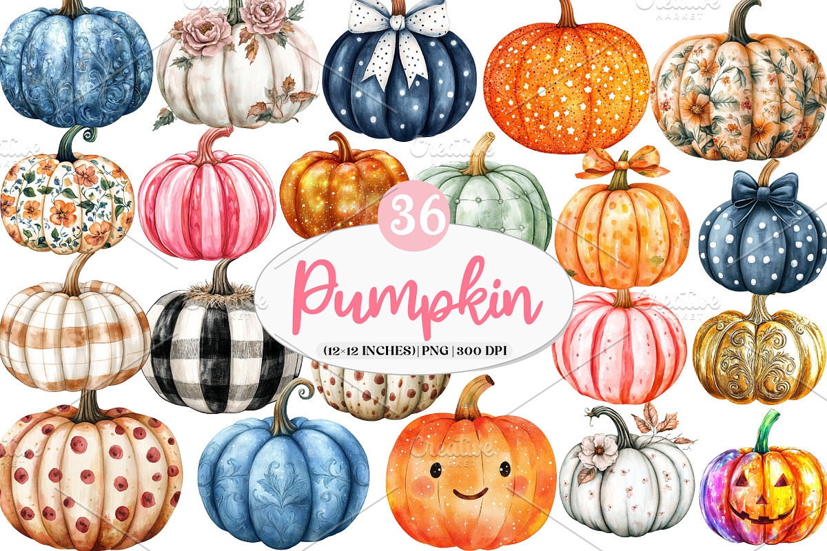 Pumpkin with Pattern Clipart, an Illustration by Watercolor design (Photo 1 of 4)