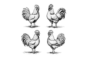 Rooster black ink sketch vector set, an Animal Illustration by Onyx