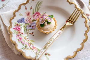 Elegant English Easter tables with daffodils, painted eggs, past, a Holiday Photo by Studio ANNA
