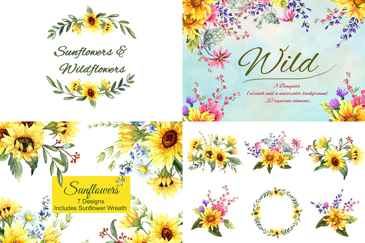 Sunflowers & Wildflowers Clip Art, an Illustration by Graphic Blue Bird (Photo 1 of 8)