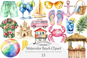 Watercolor Beach Clipart, an Illustration by Design Market