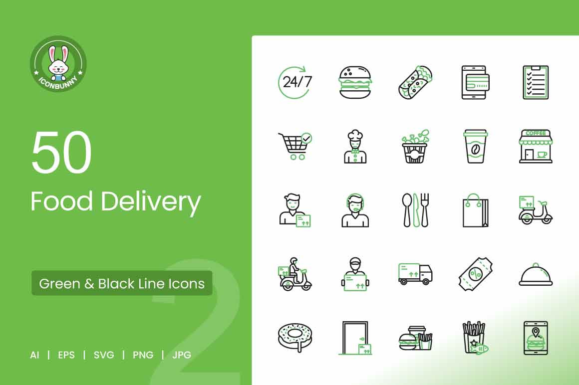 50 Food Delivery Icons, an Icon by IconBunny