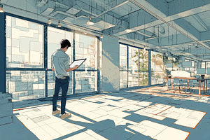 Modern office space with natural light and a man studying blueprints, an Illustration by AS photostudio