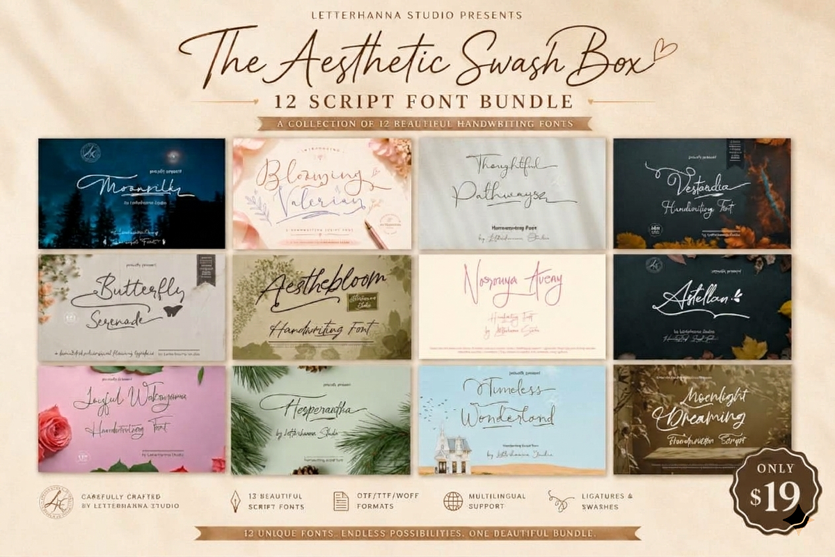 The Aesthetic Swash 12 Font Bundle, a Script Font by Letterhanna Studio (Photo 1 of 10)