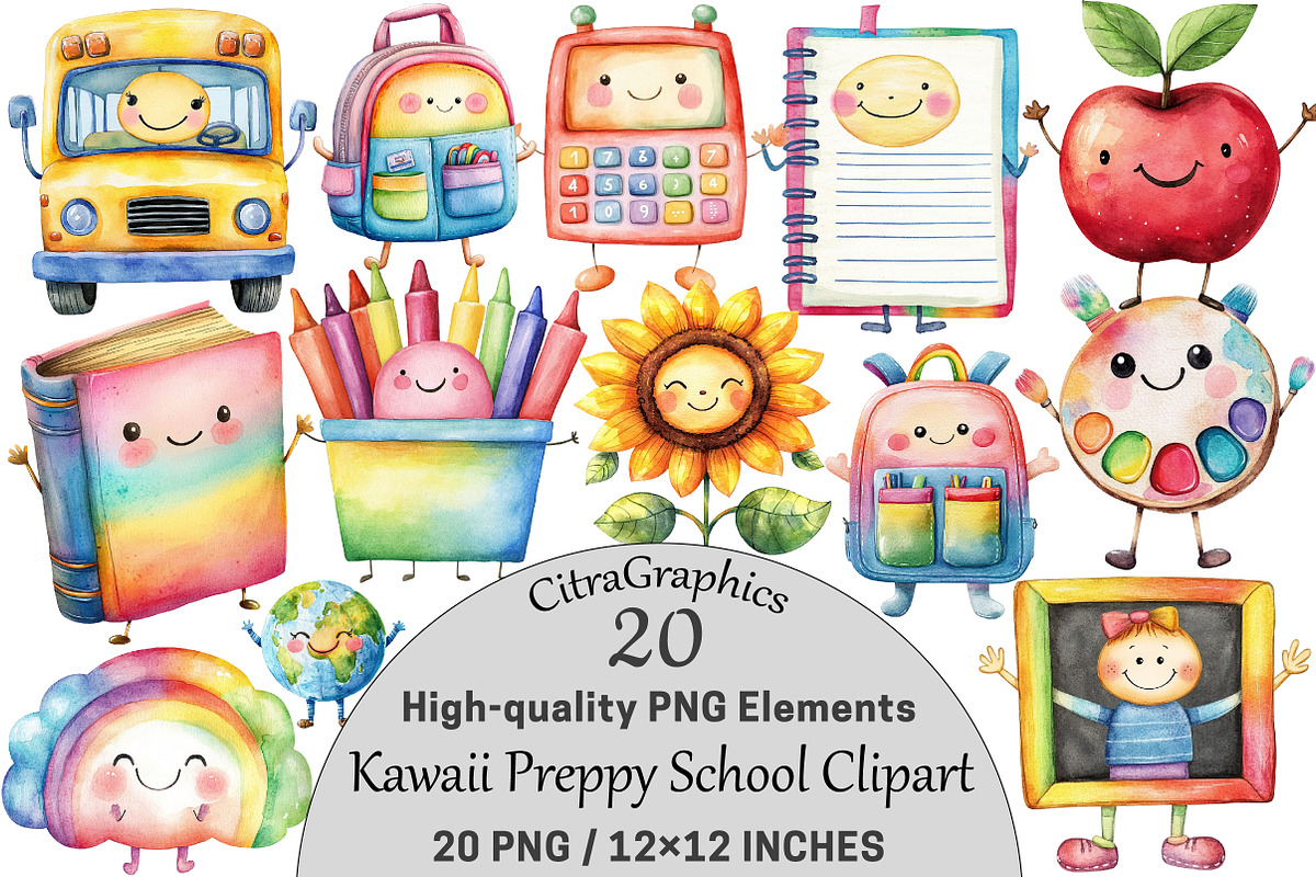 Kawaii Preppy School Clipart Bundle, a Seasonal Illustration by CitraGraphics (Photo 1 of 4)