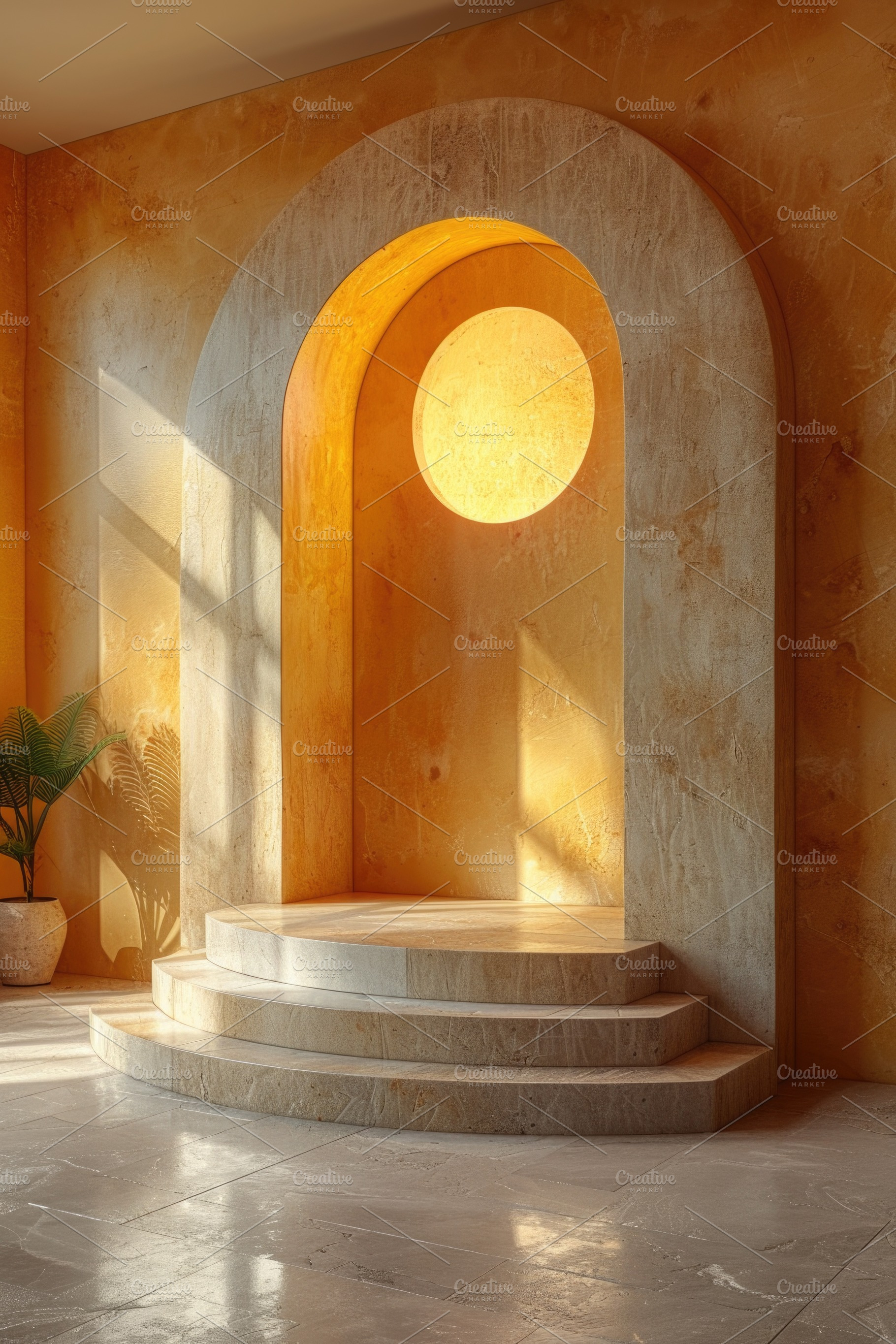 Warm Mediterranean Arch Interior With Stone Podium, Sunlight Sha, an Abstract Photo by José Manuel Gelpi