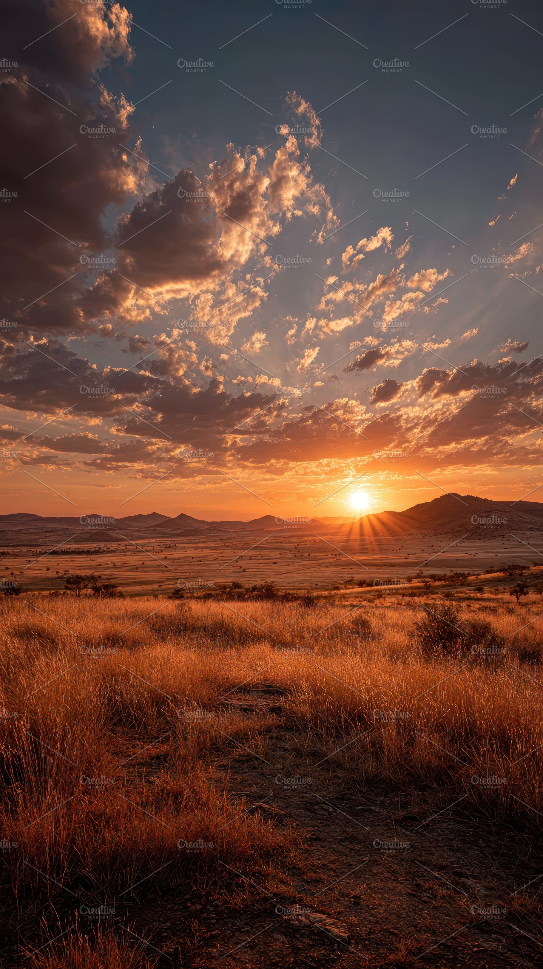 Sunset over African savanna golden g, a Photo by Pixeness Studio