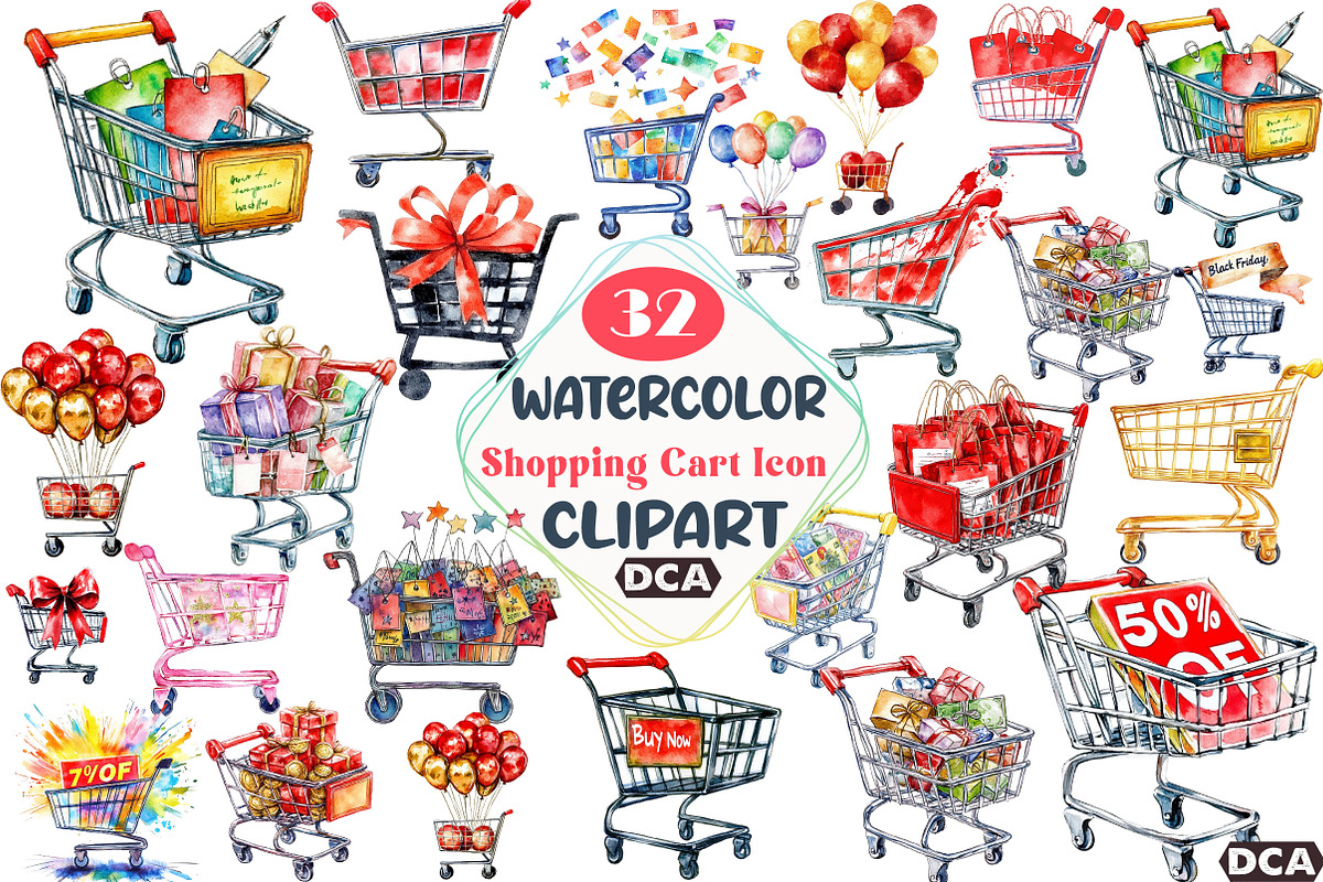 Watercolor Shopping Cart Icon Black, an Illustration by DreamCafeArt (Photo 1 of 5)