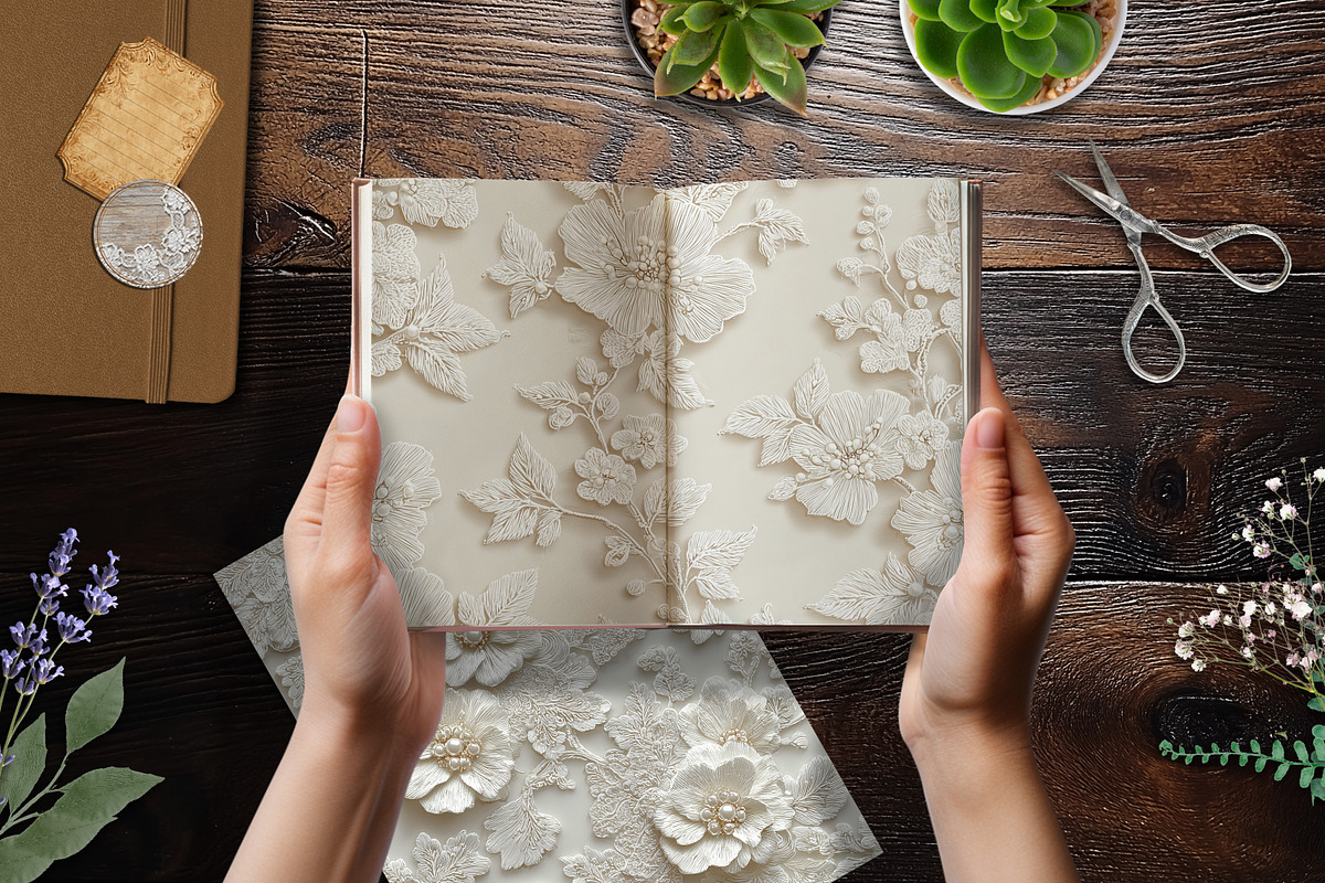 Ivory Floral Lace Scrapbook Paper, a Background Graphic by V Design Creator (Photo 2 of 12)