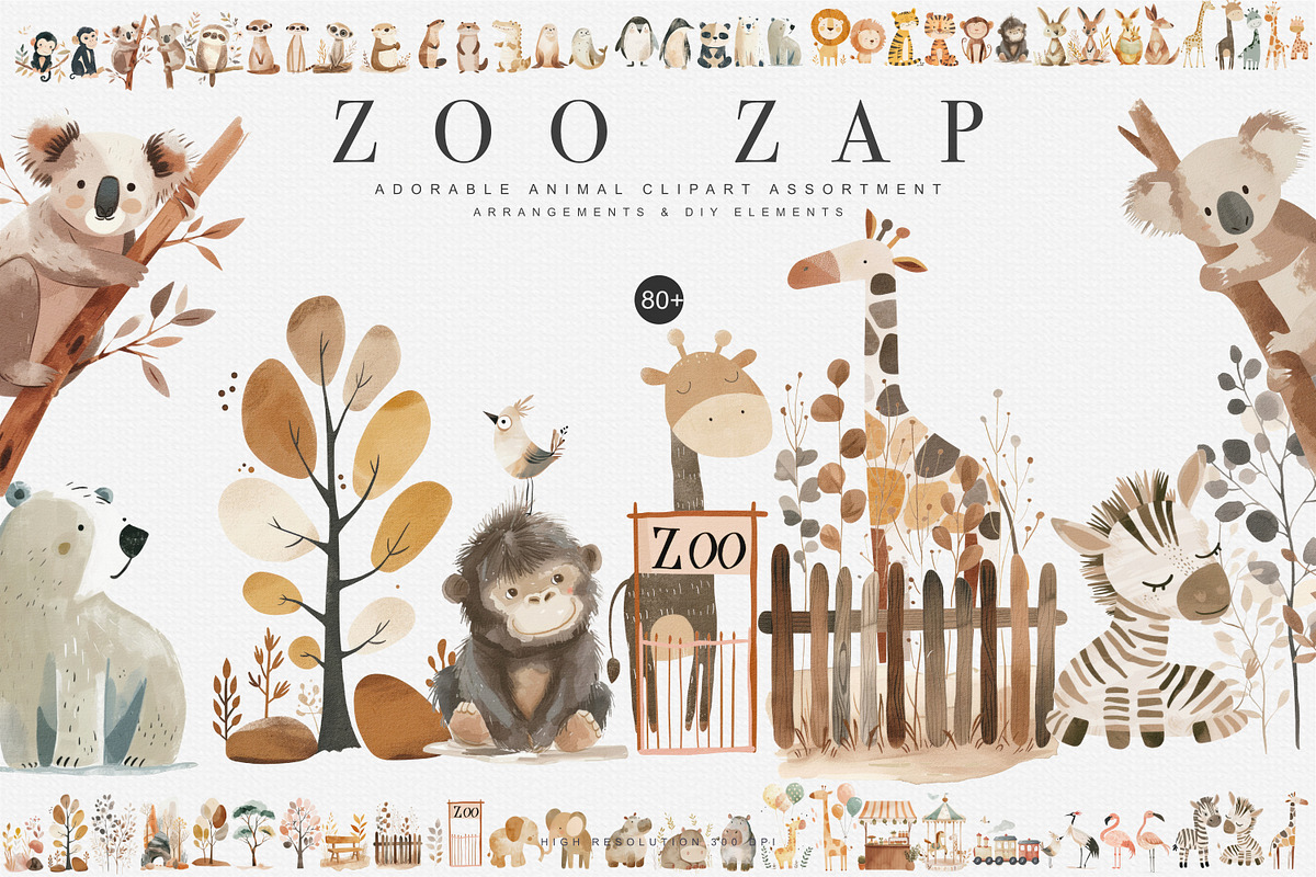 watercolor zoo animal clipart bundle, an Animal Illustration by Pink Studio Art (Photo 1 of 9)