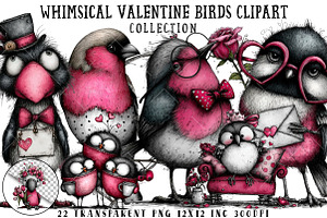 Whimsical Valentine Birds Clipart, an Illustration by OK Design