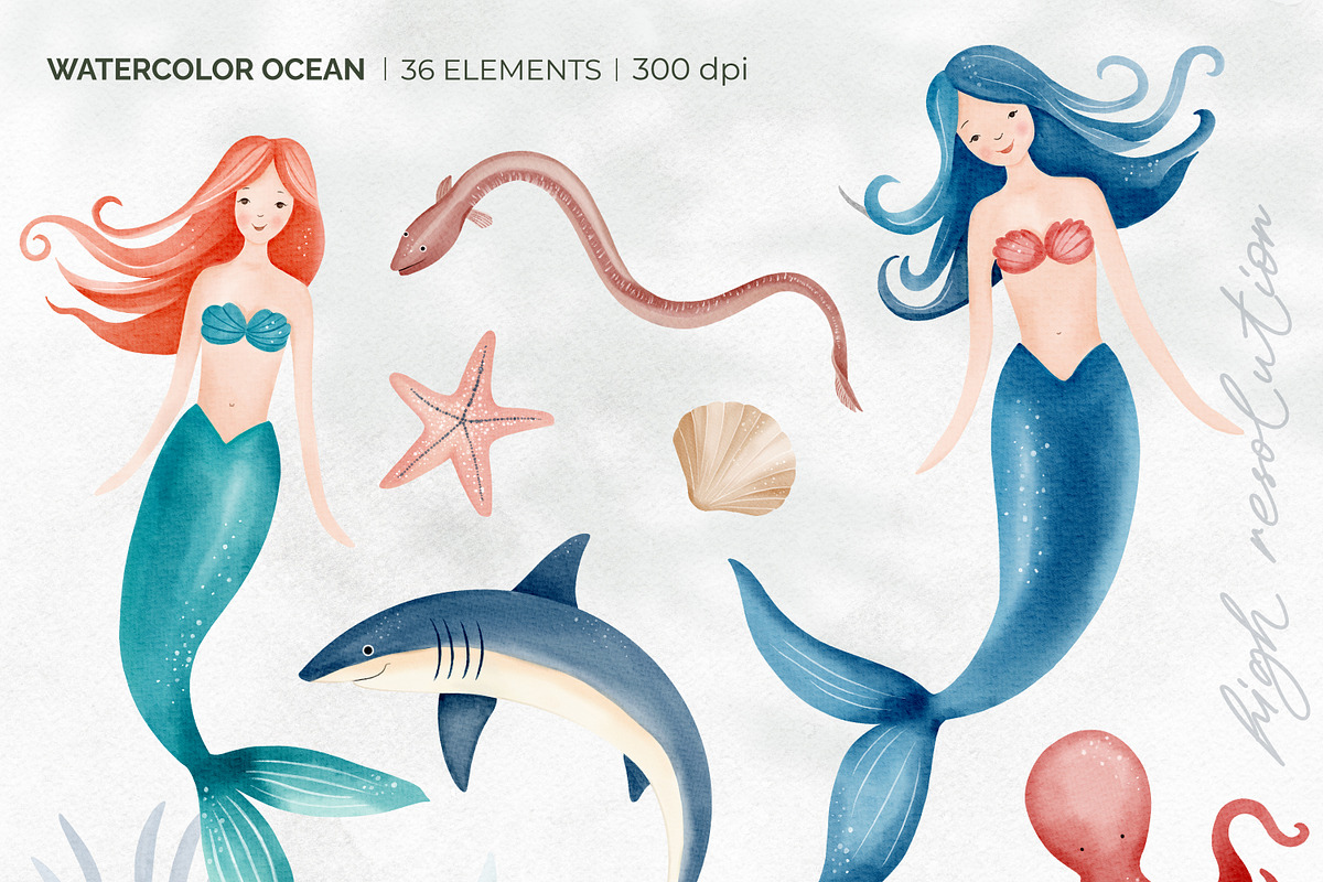 Watercolor Ocean Clipart. Sea Life, an Illustration by Hanna's ArtLab (Photo 3 of 4)