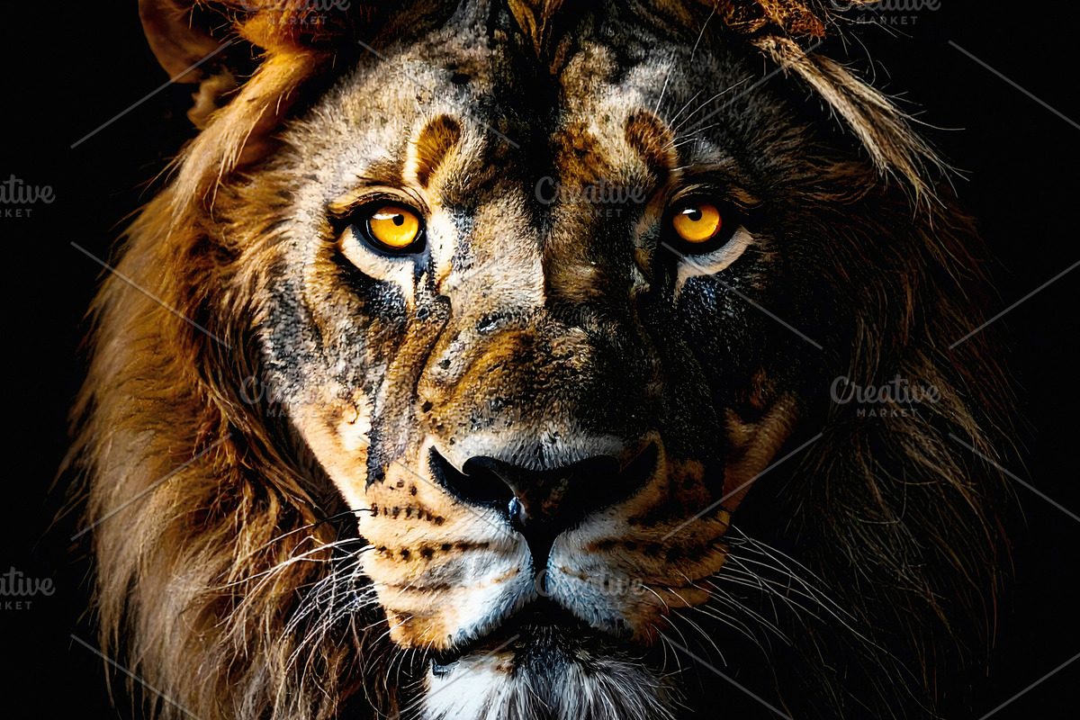 Dramatic portrait of a lion with fiery gaze and dark mane, an Animal Photo by GoodGoods (Photo 1 of 2)