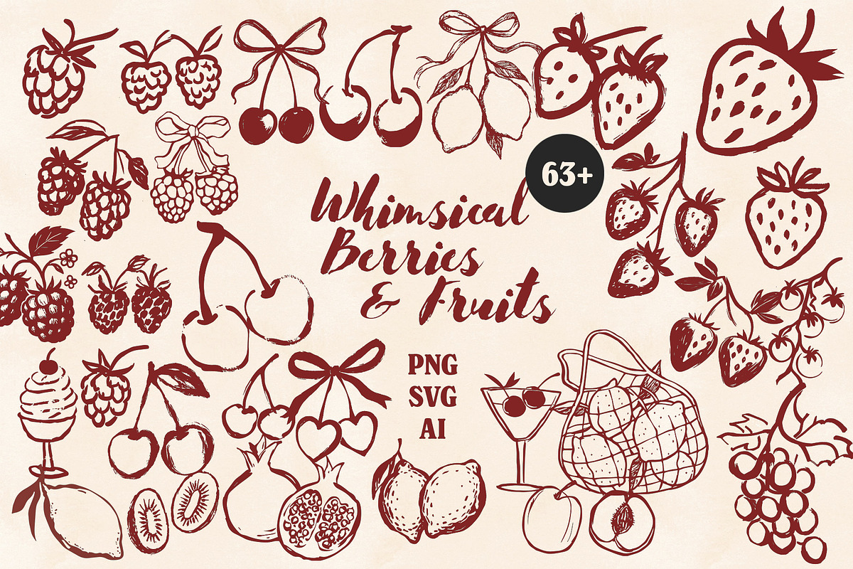 Whimsical Berry Fruit Bundle SVG PNG, a Food Illustration by Marie T (Photo 1 of 36)
