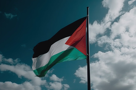 The Palestine flag waving in the bre, a Photo by SaroStock