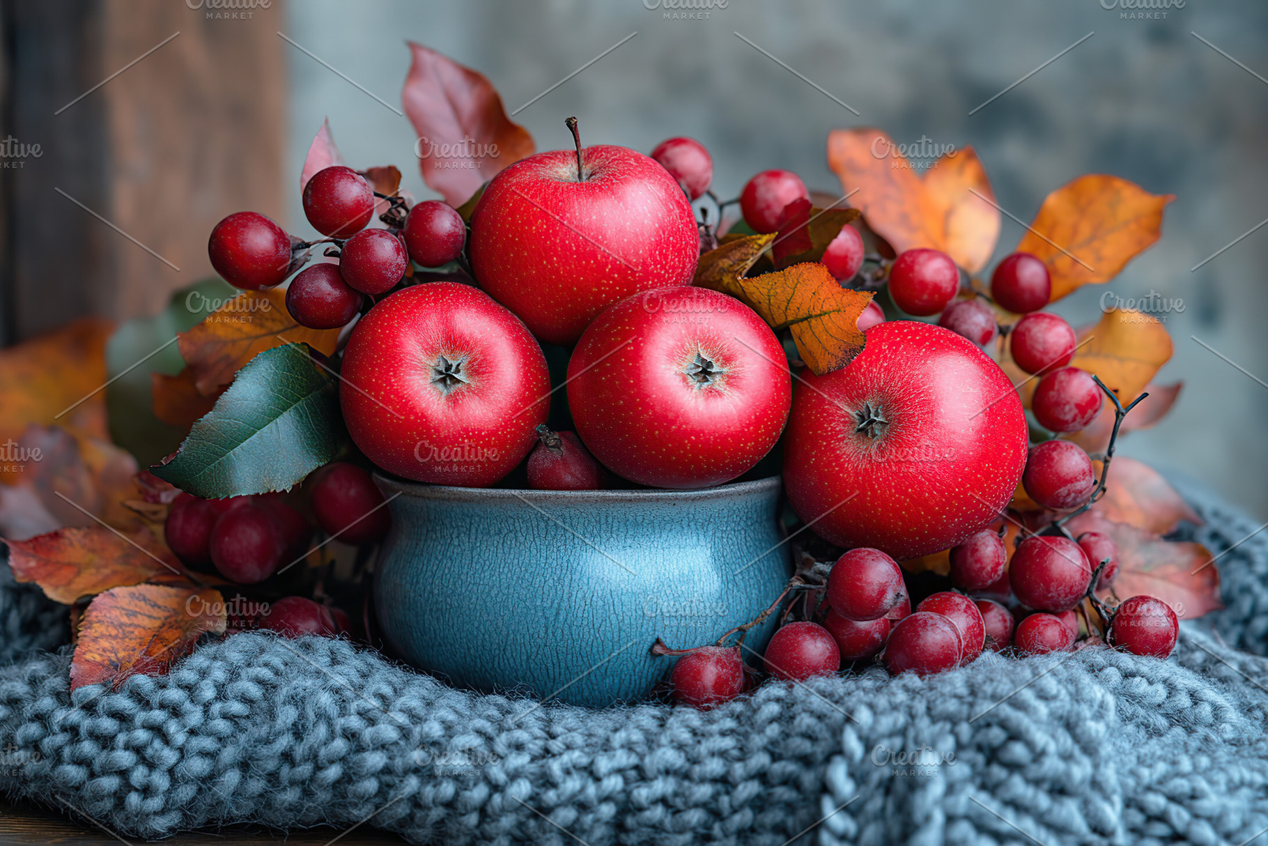 Seasonal display of red apples and berries in cozy setting, a Food & Drink Photo by AlyaAnd