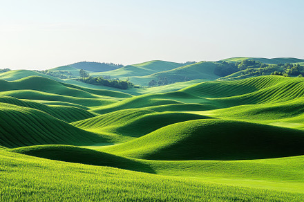 Lush rolling green hills under a cle, a Photo by Tanuart