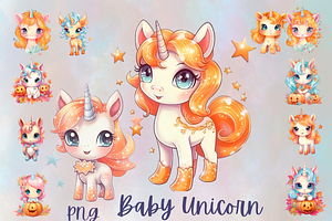 12 Baby Orange Unicorns PNG Clipart