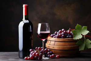 Bottle and glass of red wine with ripe grapes and wooden barrel, a Food & Drink Photo by AlyaAnd