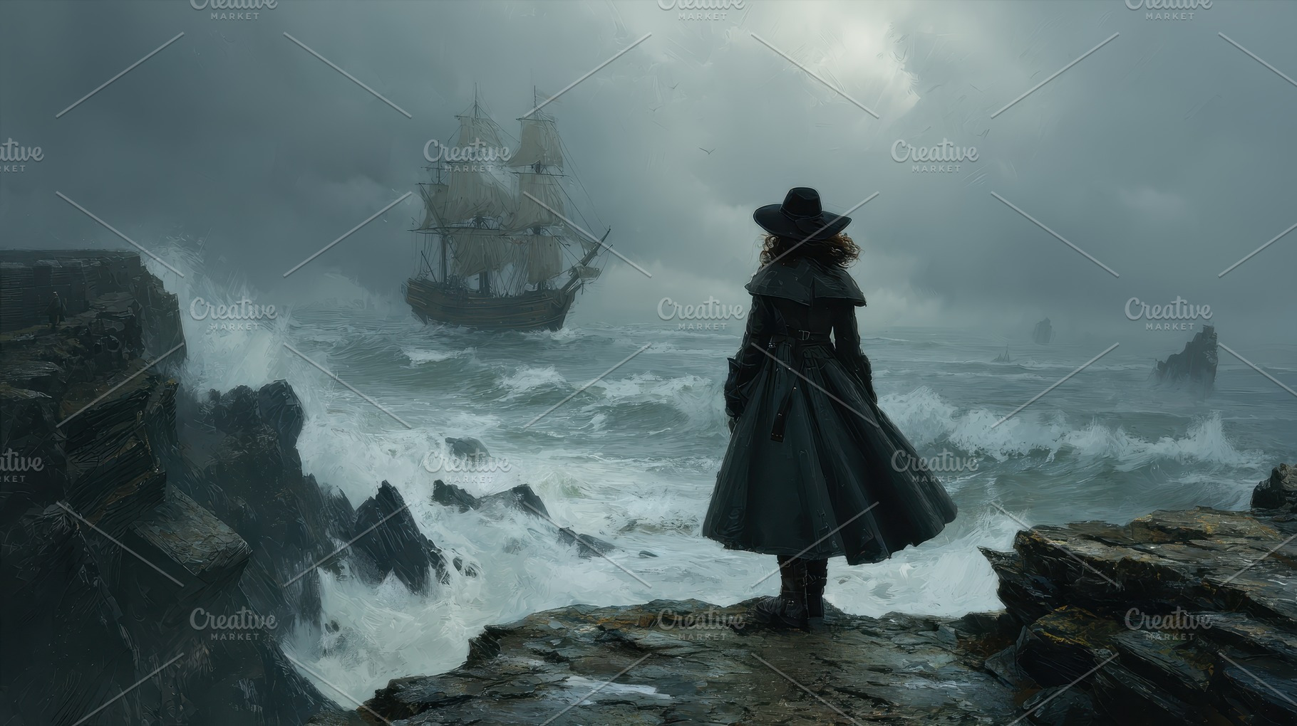 Woman in Black Watching Distant Ship, a Photo by Pixeness Studio
