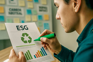 Businessman analyzing ESG report, a Photo by rarrarorro