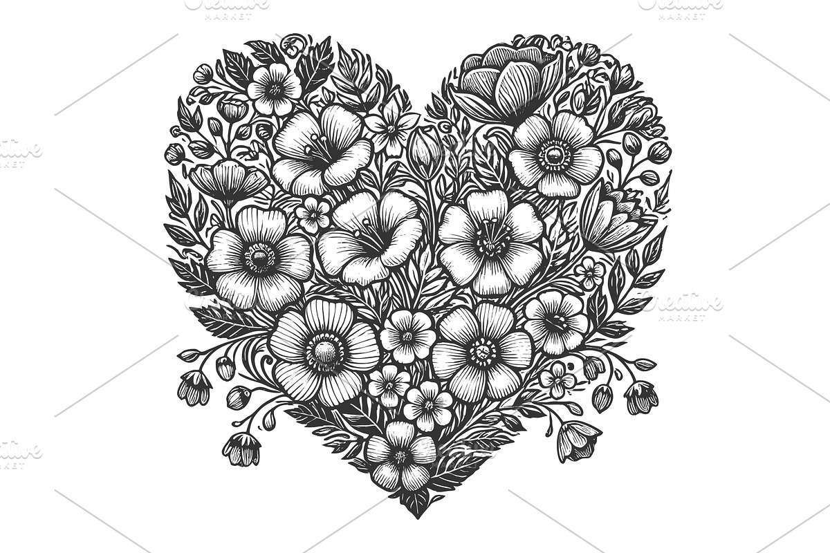 Heart-Shaped Floral Design Blooming, an Illustration by AlexArt