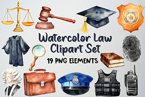 Watercolor Law Clipart Set, 19 PNG, an Illustration by CropUp Creative