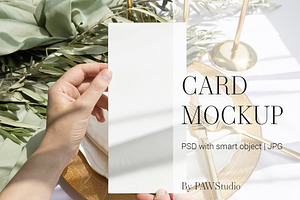 Card Mockup 4x9 Menu In Hand Olive, a Merchandise Mockup by PawMockups
