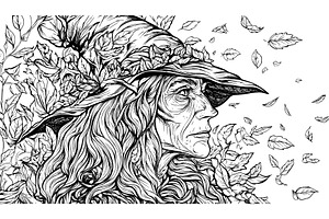 Old forest witch in hat character, an Illustration by Valerie Bodnar