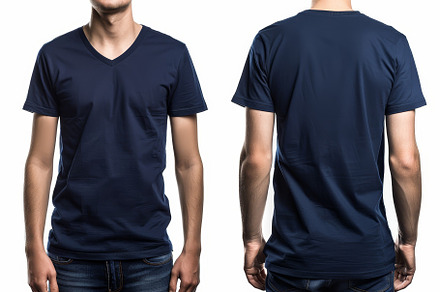 A navy blue v-neck t-shirt is showca, a Photo by Tanuart