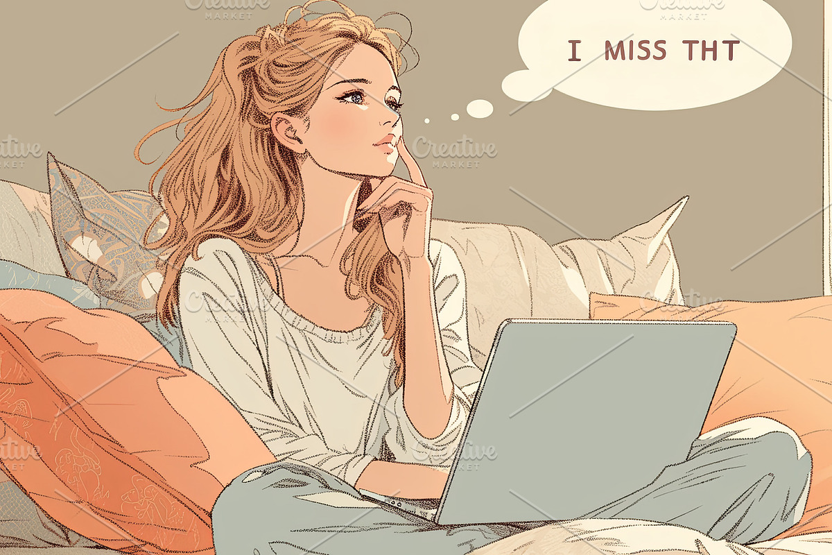 Thoughtful woman sitting with a laptop, reflecting on memories and ideas, an Illustration by AS photostudio