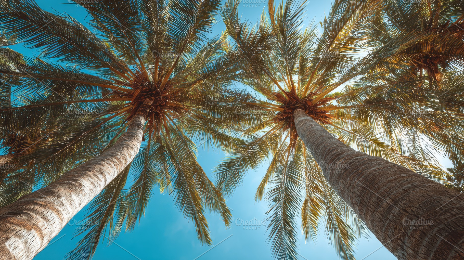Two tall palm trees stretch towards, a Photo by Pavel_design