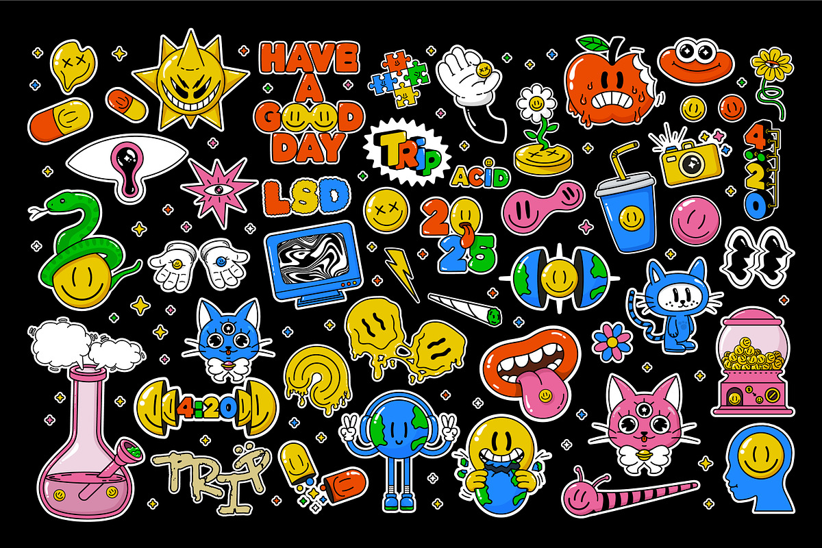 Trippy Acid Cartoon Sticker Pack, an Object Graphic by BonkiStudio (Photo 1 of 4)