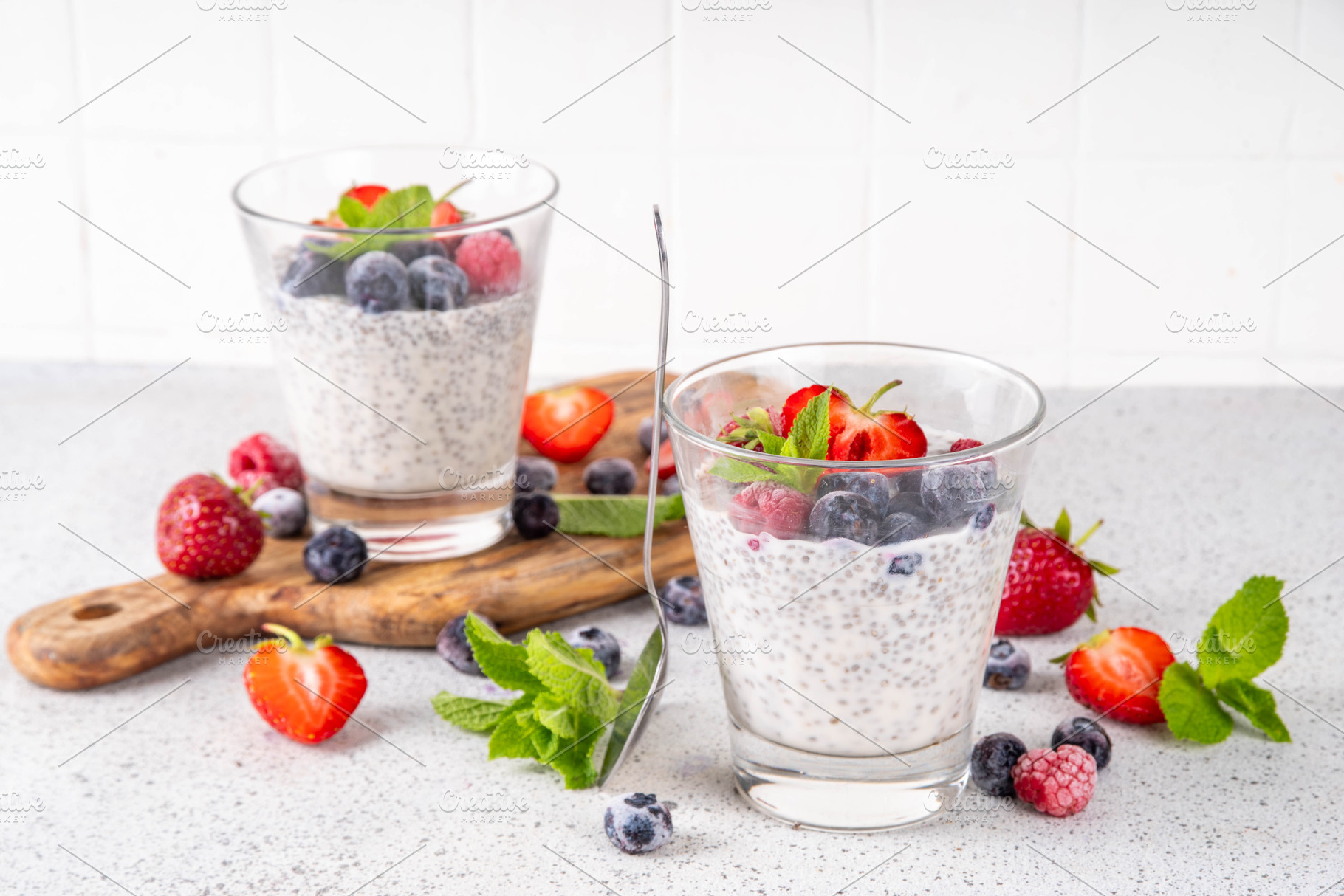 Chia seeds pudding dessert with fresh berries, a Food & Drink Photo by Rimma