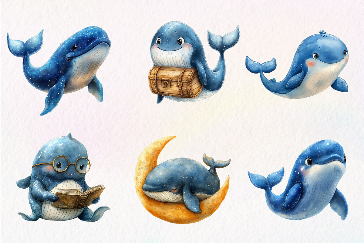 Whale Watercolor Clipart, Blue Whale, an Illustration by CreationArt (Photo 3 of 5)