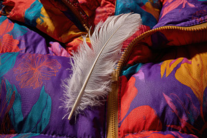 Colorful fabric with a feather rest, a Photo by Pavel_design