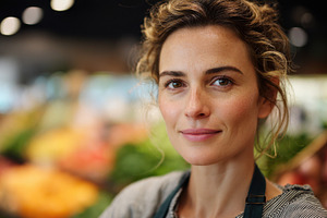 Smiling woman in a market setting, a Photo by Beautiful things