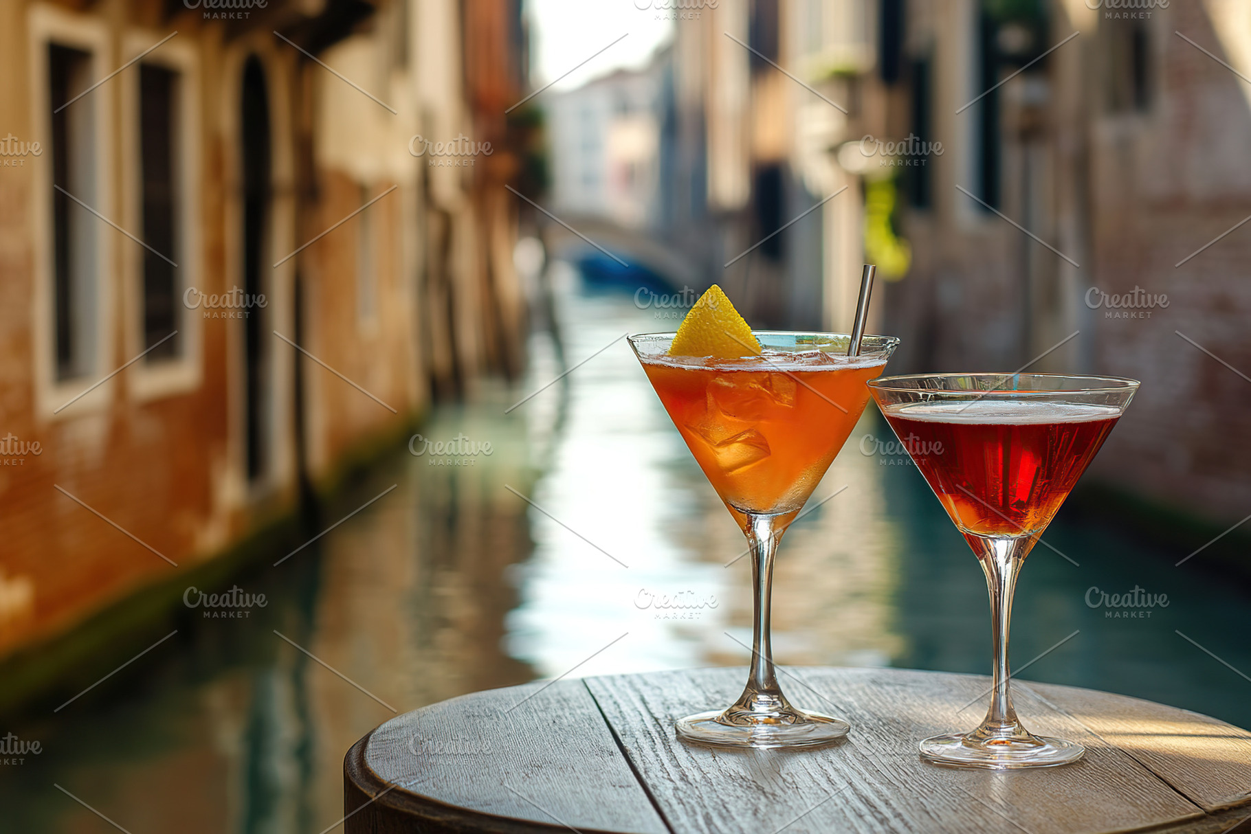Alcoholic cocktails with ice cubes on table of venice sidewalk c, a Photo by AlyaAnd