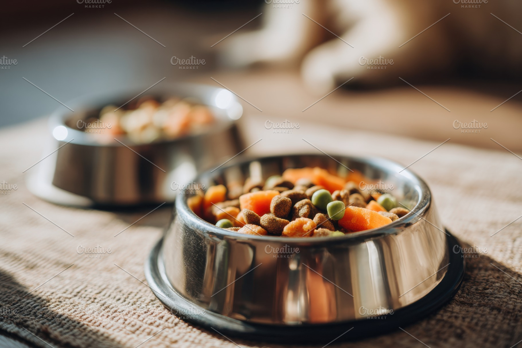 Colorful dog food in stainless steel bowls, a Food & Drink Photo by AlyaAnd
