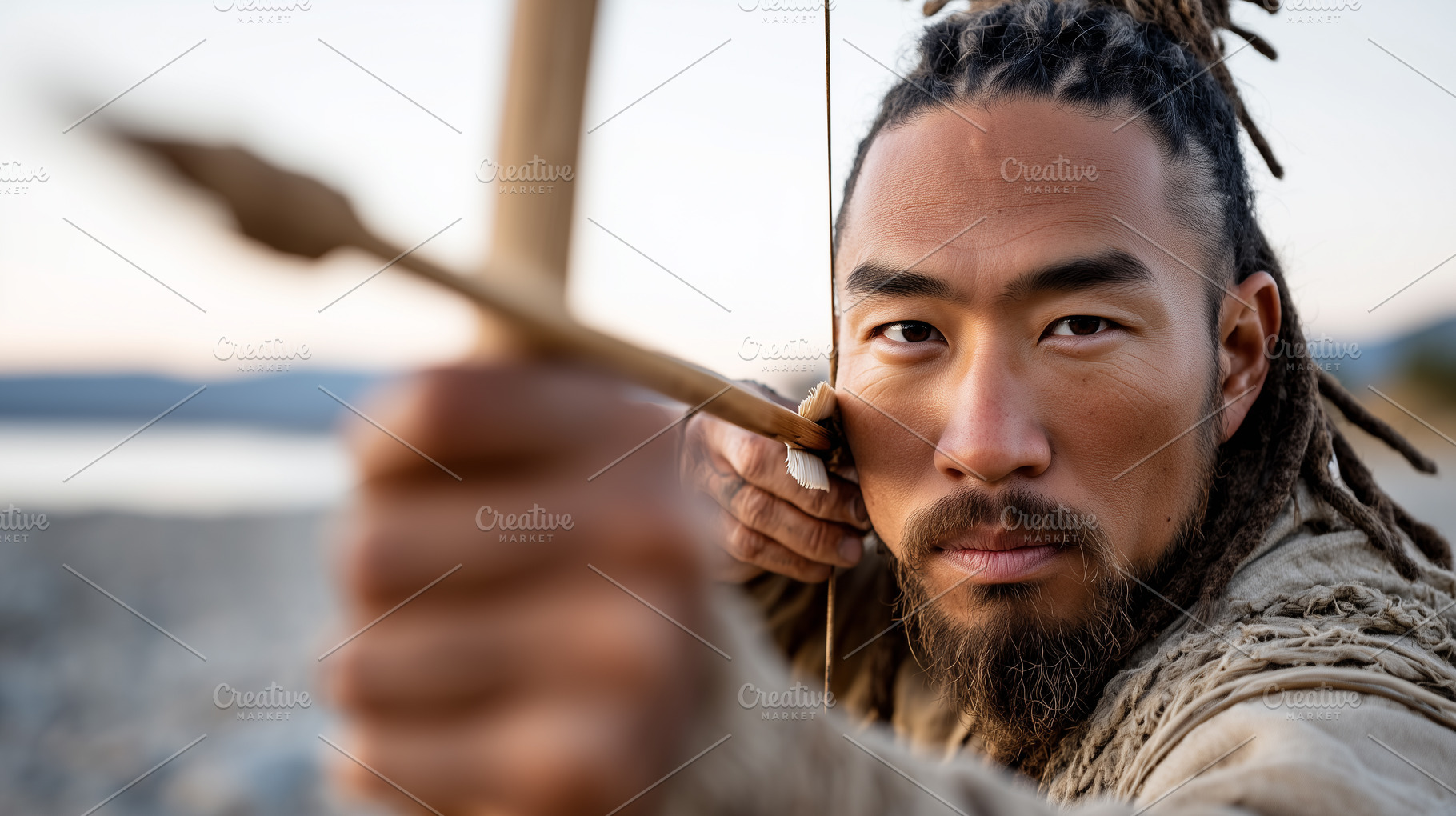 Focused warrior aiming a bow, a Person Photo by MistyDay