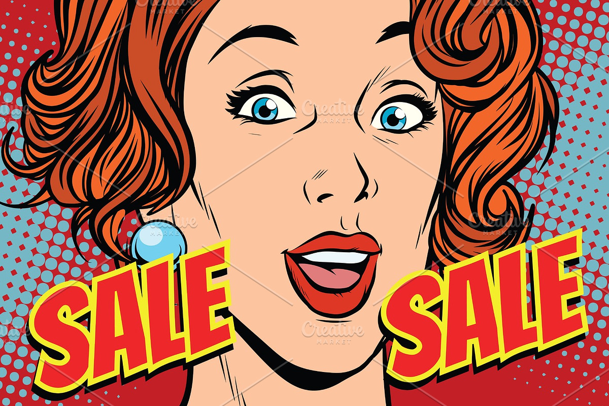 Sale comic text pop art woman, an Illustration by studiostoks